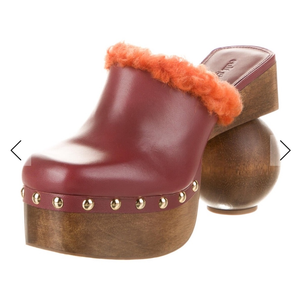 cult gaia Burgundy Leather Platform Clog with Orange Shearling Trim